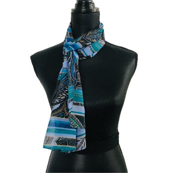 🌼 🌻 🌸 Gorgeous Scarf of Blues, Greens, Black & Gold – Long Rectangular Oblong - Picture 1 of 12